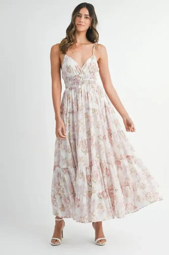MABLE Floral Print Tiered Cami Maxi Dress Pink Casual Dresses