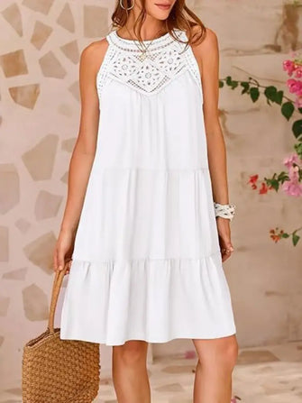 Ruffled Hem Lace Sleeveless Dress White Casual Dresses