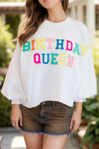 BIRTHDAY QUEEN Sequin Round Neck Long Sleeve Sweatshirt White Woman Sweatshirts