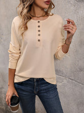 Perfee Round Neck Buttoned Slit Long Sleeve Top Khaki