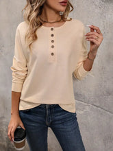 Perfee Round Neck Buttoned Slit Long Sleeve Top Khaki Woman T Shirts