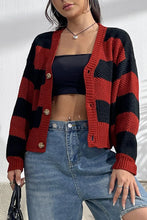 Striped Button Up Dropped Shoulder Cardigan Deep Red