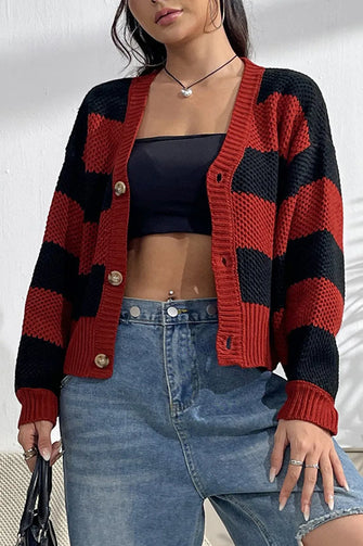 Striped Button Up Dropped Shoulder Cardigan Deep Red