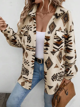 Geometric Button Up Dropped Shoulder Jacket Tan Woman Outerwear