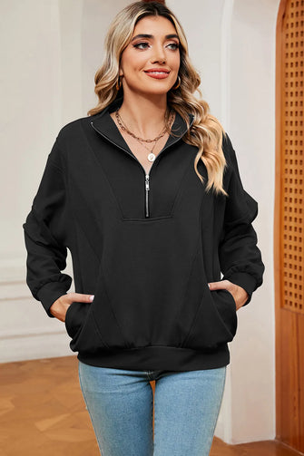 Half Zip Dropped Shoulder Sweatshirt Black Woman Sweatshirts
