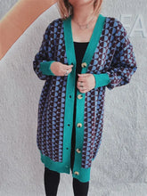 Contrast Trim Geometric Button Down Cardigan Turquoise One Size Casual Dresses