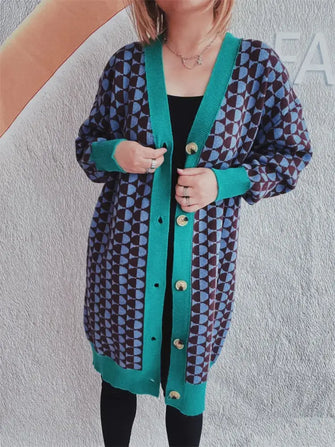 Contrast Trim Geometric Button Down Cardigan Turquoise One Size Casual Dresses