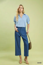 Blue umgee denim wide leg crop pants featuring front pockets and a straight-leg cut in durable denim material