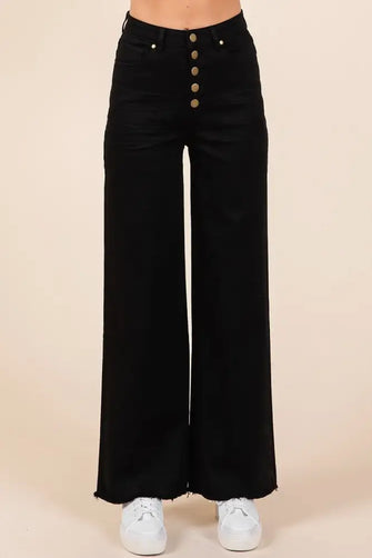 Mittoshop Twill High Waisted Button Fly Wide Leg Pants BLACK Woman Pants