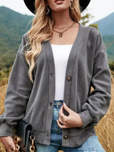 Shiny Button Down V-Neck Dropped Shoulder Jacket Dark Gray Woman Outerwear
