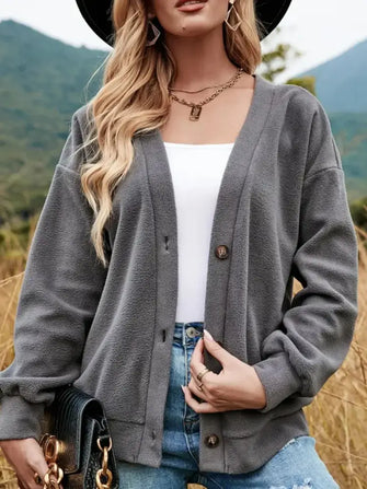 Shiny Button Down V-Neck Dropped Shoulder Jacket Dark Gray Woman Outerwear