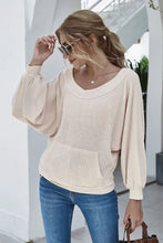 Boat Neck Waffle-Knit Lantern Sleeve Blouse with Pocket Woman Blouses