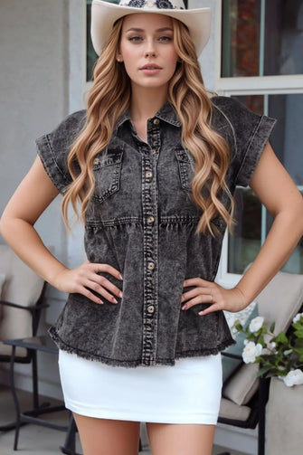 Short Sleeve Flap Pocket Button Up Raw Hem Denim Shirt Black