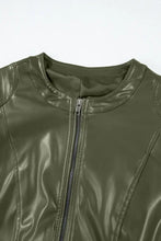 PU Leather Round Neck Long Sleeve Jacket Woman Outerwear