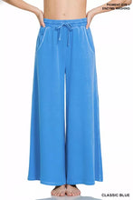 Classic blue wide-leg french terry pants with pigment dye enzyme wash and elastic drawstring waist by zenana