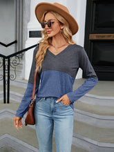 V-Neck Long Sleeve Two-Tone T-Shirt Dusty Blue