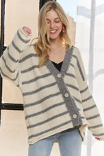 Adora horizontally striped button-up cardigan in cream and gray for easy layering