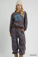 Chocolate-colored umgee scenic print casual sweatpants and sweatshirt set with blue apres lejday graphic print