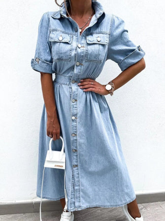Full Size Button Down Roll-Up Sleeve Denim Shirt Dress Plus Size Light Blue