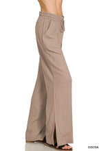 Beige zenana linen drawstring pants with wide-leg cut elastic waistband and side slit in linen drawstring pants design