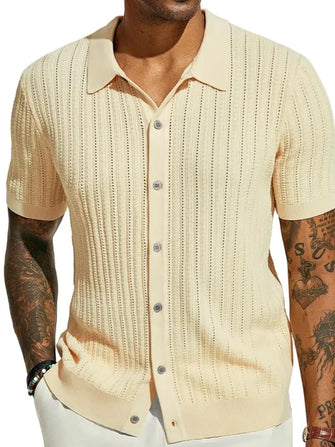 Men's Full Size Openwork Button Down Collared Neck Shirt Plus Size Cream Mens Tops