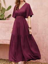 Openwork V-Neck Flare Sleeve Ruched Dress Woman Maxi Dress
