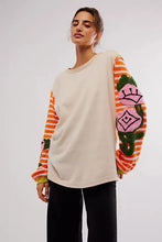 Striped Round Neck Long Sleeve Sweatshirt Beige