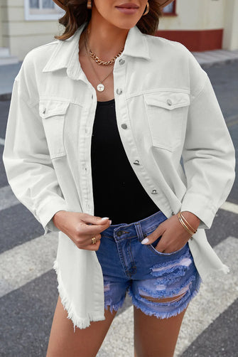 Button Up Pocketed Raw Hem Denim Jacket White