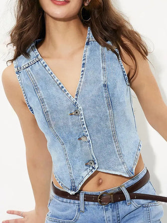 V-Neck Button Up Denim Vest Light