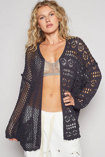 POL Open-Front Crochet Oversized Cardigan CHARCOAL