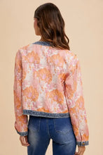 Annie Wear Floral Jacquard Denim Contrast Button Down Jacket Woman Outerwear