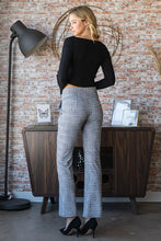 Gray and white plaid flare pants with high-waisted tailored fit and wide waistband plus size by Heimish