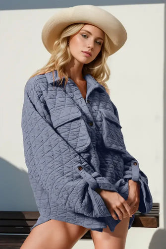 Double Take Button Up Quilted Shacket with Chest Pockets Dusty Blue Casual Dresses
