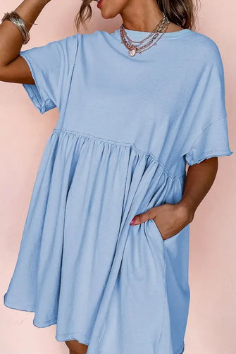Round Neck Half Sleeve Mini Tee Dress Light Blue Casual Dresses
