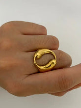 Bold 18K gold-plated abstract circle ring with swirling stainless steel design