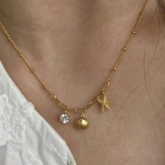 18K Gold Plated Necklace with Seashell Starfish and Crystal Charms Gold One Size
