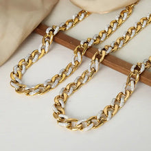 Two 18k gold-plated chunky chain necklaces with diamonds, Cuban link style