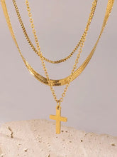 18k gold-plated cross necklace with layered chain and adjustable extension length