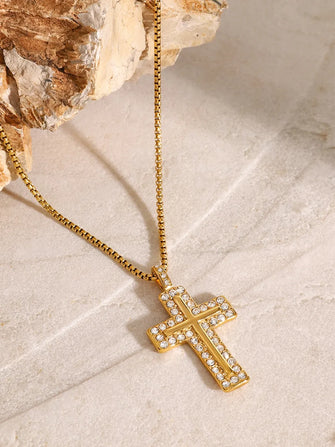 18K Gold Plated Cross Pendant Necklace Stainless Steel Chain Length Options Gold One Size