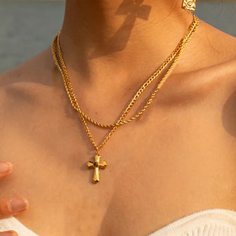 18K Gold Plated Cross Pendant Necklace with Tigers Eye Gold One Size