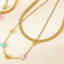 18K gold-plated double layered heart necklace with snake chain and colorful charms