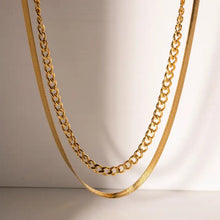 18K gold-plated double layered necklace with flat snake and curb chains