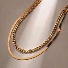 18K gold-plated double layered necklace with herringbone and curb chains