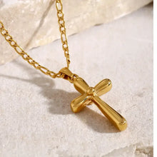 Polished 18k gold-plated Figaro chain with stainless steel cross pendant