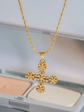 18K gold-plated floral cross pendant necklace with clear stones