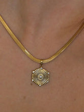 18K gold-plated hexagon sunburst pendant necklace with clear stones