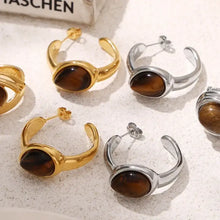18k gold-plated hoop earrings with natural tiger’s eye teardrop stone