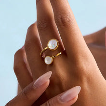 18K gold-plated inlaid zircon open ring with mother-of-pearl cabochons