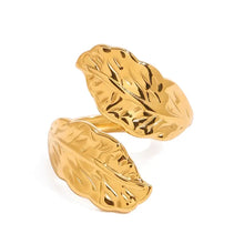 18K gold-plated leaf wrap ring with textured leaf cuff design