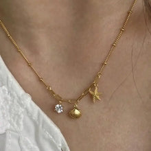 18K Gold Plated Necklace with Seashell Starfish and Crystal Charms Gold One Size Fashion Jewelry